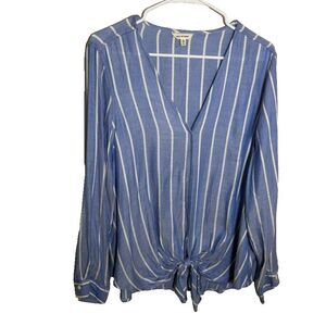 Max Studio Blouse Women's XL Blue Striped V-Neck Long Sleeve Tie Casual Shirt